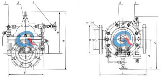 300X緩閉止回閥 外形結(jié)構(gòu)圖 (1、針閥2、主閥3、球閥4、壓力表5、單向閥）